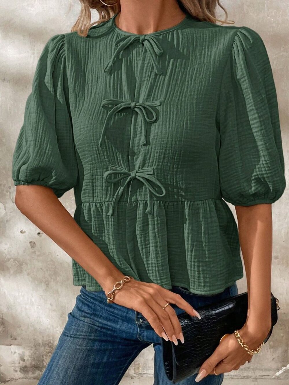Green Casual Women's Bow Tie Front Ruffle Hem Puff Sleeve Blouse